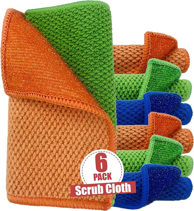 6-Pack Reusable, Scrub Dish Cloth –Non-Scratch Microfiber Scrubber, Planet-Friendly, Easy Rinsing, Quick Dry, Dishwasher Safe Cloth for Kitchen & Household, 6 x 6 Inch, Orange, Blue & Green Assorted