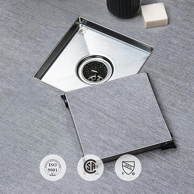 SaniteModar Shower Drain, Invisible 6 inch Square Shower Drain 2-in-1 Tile Insert Cover, 304 Stainless Steel Brushed Shower Floor Drain with Hair Catcher and Threaded Adapter