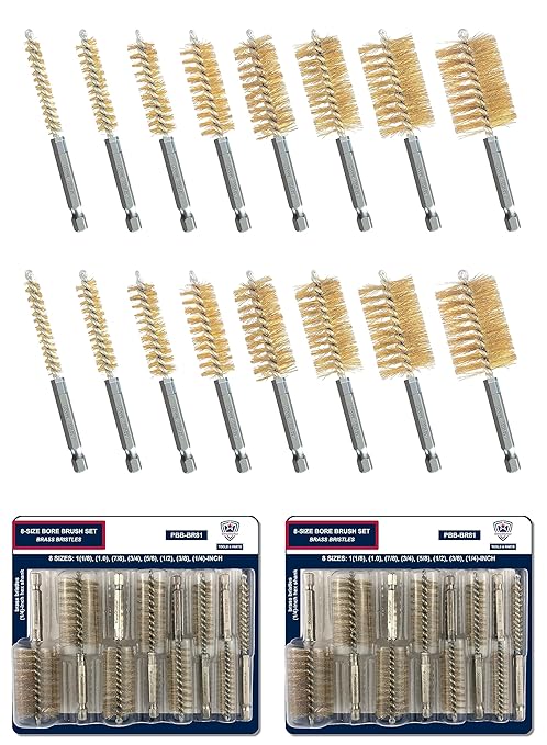 [8-Size_2 Sets] Bore Brush Set, Brass / Copper Wire Brush for Power Drill, Drill Brush Set, Metal Brush, Cleaning Brush, 1(1/8), 1.0, 7/8, 3/4, 5/8, 1/2, 3/8, 1/4-inch Diameter, w/ 1/4-in Hex Shank