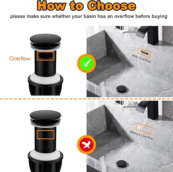 Bathroom Vessel Sink Drain with Overflow - 1 3/4 Inch Bathroom Sink Stopper, Push and Seal Pop up Sink Drains, Bathroom Sink Vanity Assembly with Strainer, Anti Clogging, Black