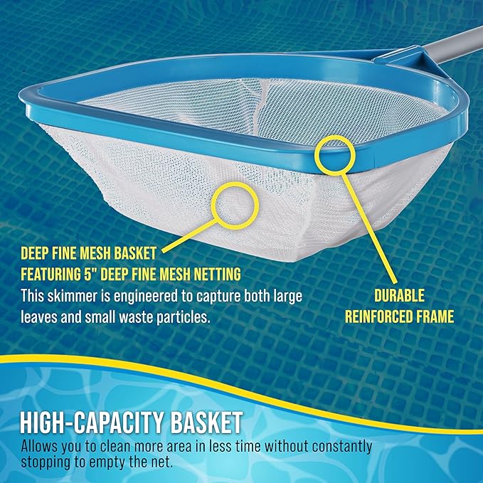 U.S. Pool Supply Pool and Spa Skimmer Net with Pole, 30" Long Handheld Fine Mesh Pool Skimmer Net - Hand Held Spa, Hot Tub, Pond Cleaning - 17" Pole Handle, Deep Leaf Netting, Scoop Skim Leaves