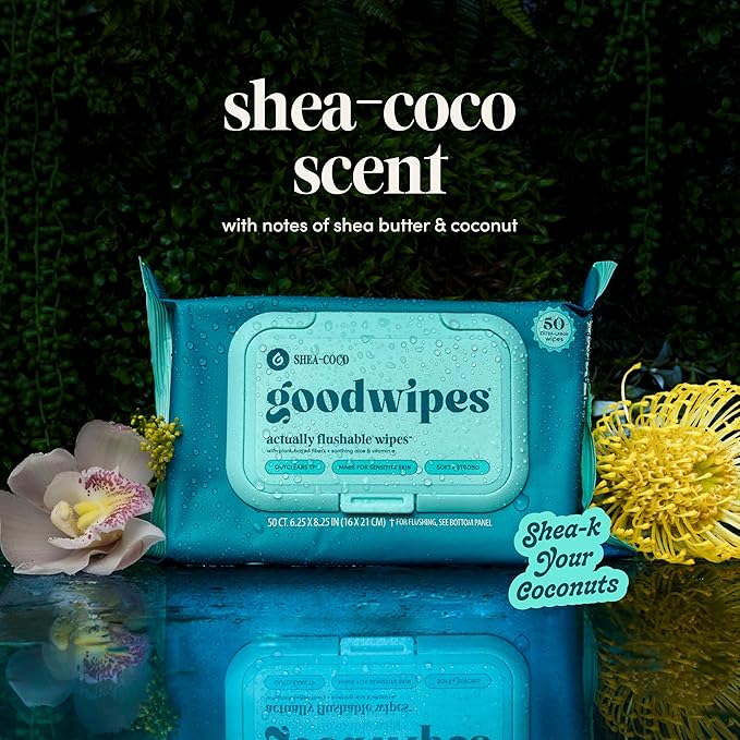 goodwipes Flushable Wipes for Adults - Shea-Coco Butt Wipes for Women & Men, Septic Safe, Toilet & Bathroom Essentials, Extra Large, 318 Count (6 Packs and 1 Travel Pack)