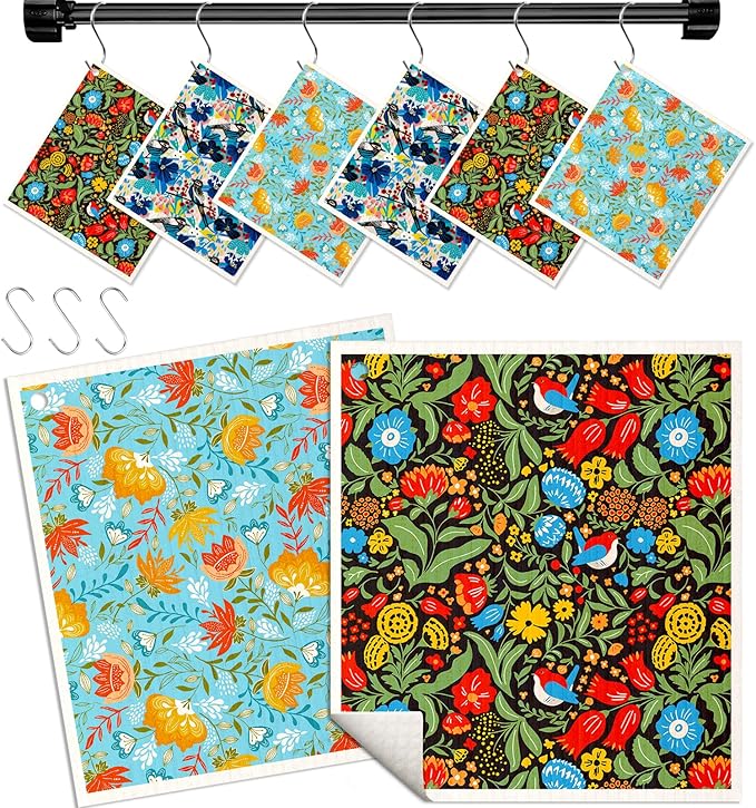 Miss Adola Kitchen Swedish Dishcloths with Hooks - 6 Pack Reusable Dish Cloths for Washing Dishes Fast Drying Cute Fun Swedish Dish Towels Washable Cleaning Sponge, Full Blown Flowers