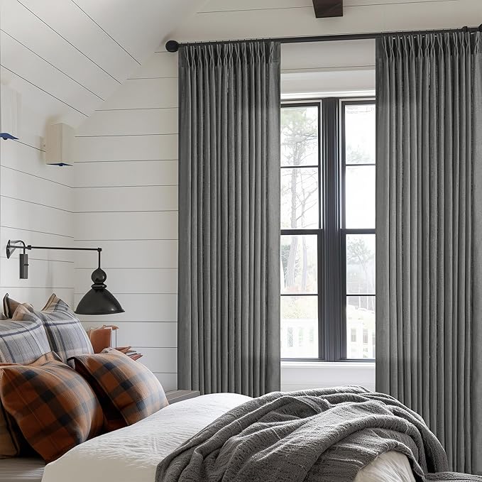 Charcoal Grey Pinch Pleated Linen Curtains 90 Inches Long for Living Room Bedroom 2 Panels Light Filtering Pinch Pleat Hooks Rings Back Tab Dark Grey Modern Farmhouse 90 Inch Window Curtain Drapes