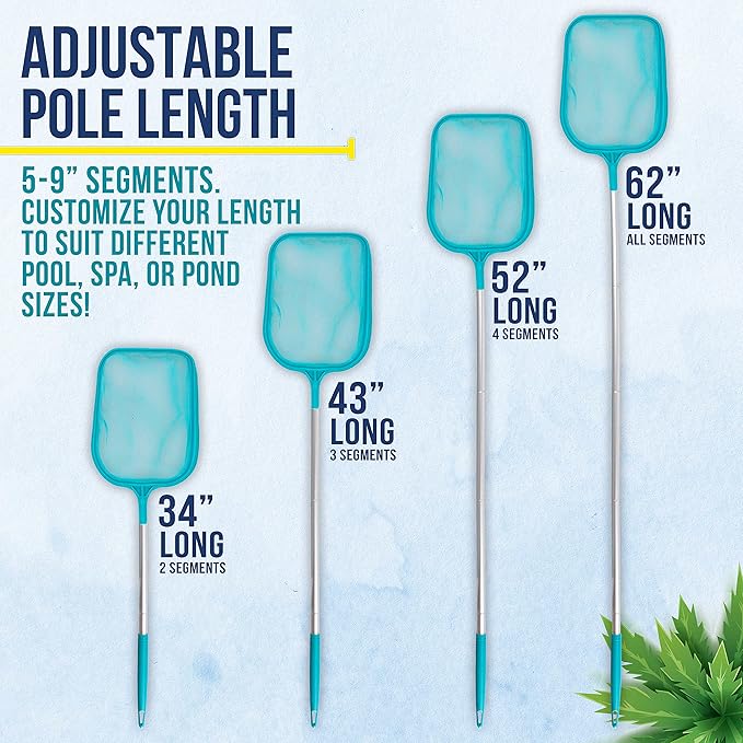 U.S. Pool Supply Swimming Pool 5 Foot Total Length Leaf Skimmer Net with 5-9" Connecting Aluminum Pole Sections - Fine Mesh Netting for Fast Cleaning of Debris - Clean Spas & Ponds