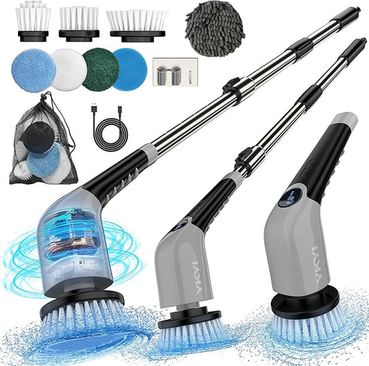 YKYI Electric Spin Scrubber-Cordless Power Scrubber with 8 Brush Heads, 3 Speeds & Adjustable Long Handle, IPX7 Waterproof Shower Cleaning Brush for Bathroom Tile, Bathtub, Grout, Kitchen(Grey)