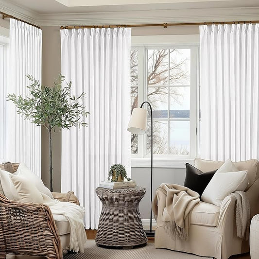 Pinch Pleated Linen 96 Inch Curtains 70 Inch Width for Living Room Divider Light Filtering Thick Linen White Extra Wide Patio Curtains for Sliding Door Balcony Floor to Ceiling Picture Window 1 Panel