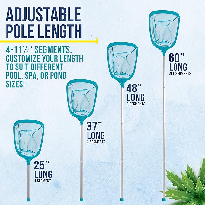 U.S. Pool Supply Swimming Pool 5 Foot Leaf Skimmer Net with 4 Aluminum Pole Sections - 6" Deep Ultra Fine Mesh Netting Bag Basket for Fast Cleaning of The Finest Debris - 60" Long, Clean Spas, Ponds