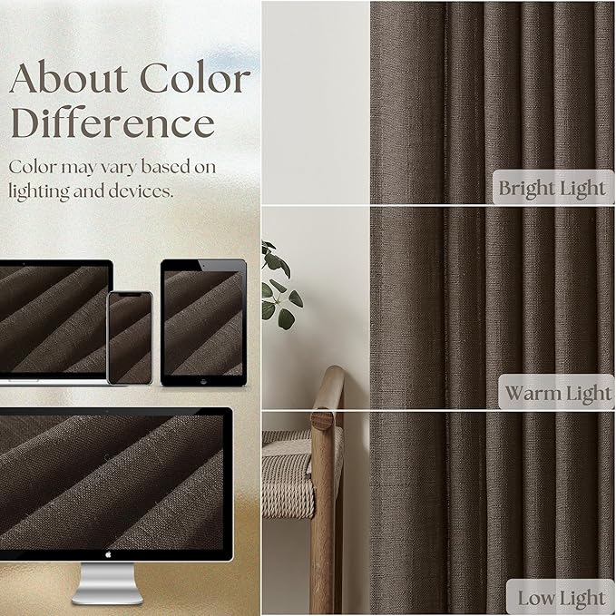 Dark Chocolate Pinch Pleated Linen Curtains 2 Panels for Living Room Bedroom Memory Training Shaped Semi Sheer Pleat Drapes with Hooks Rings Light Filtering Window Curtain 40x102
