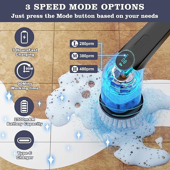 YKYI Electric Spin Scrubber-Cordless Power Scrubber with 8 Brush Heads, 3 Speeds & Adjustable Long Handle, IPX7 Waterproof Shower Cleaning Brush for Bathroom Tile, Bathtub, Grout, Kitchen(Gray)