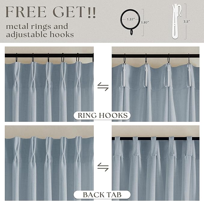 Light Blue Linen Curtains 102 Inches Long for Living Room Pinch Pleated Drape with Hooks Rings for Track System Light Filtering 102 Inch Curtain for Bedroom Sliding Patio Door 2 Panels Dusty Blue