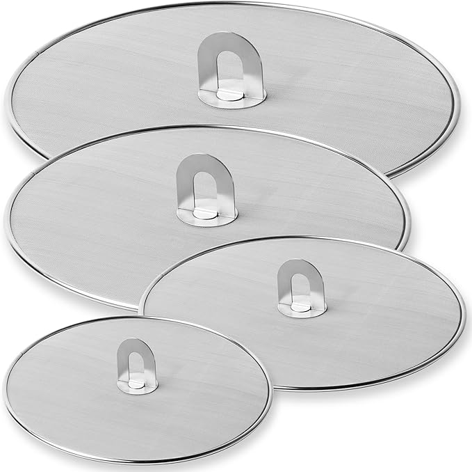 Homestia 4 Pack Splatter Screen for Frying Pan, 13", 11.5", 10", 8" Stainless Steel Grease Splatter Guard with Fold Flat Knob, Kitchen Oil Splatter Guard Set for Safe Cooking
