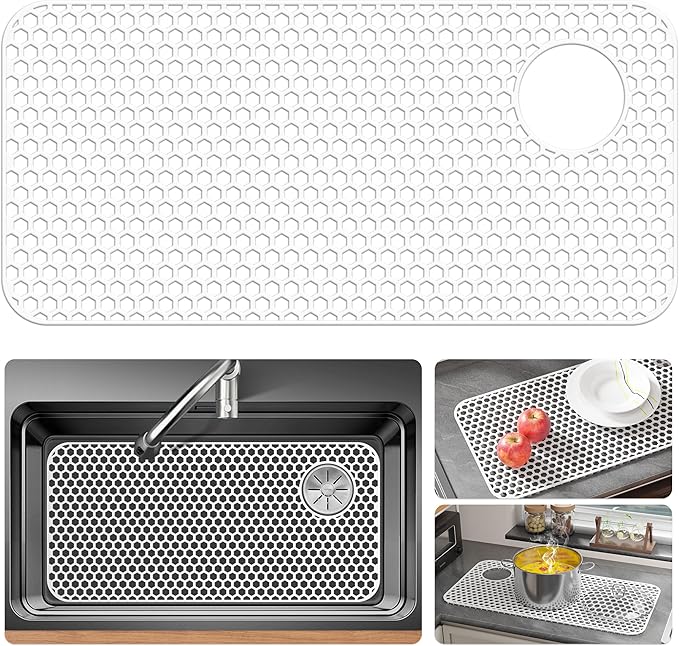 Silicone Sink Protectors for Kitchen Sink - 28.4"x 14.3" Kitchen Protector Accessory, Non-Slip Heat Resistant Mat for Bottom of Farmhouse Porcelain Stainless Steel(Top Right Drain Hole,White)