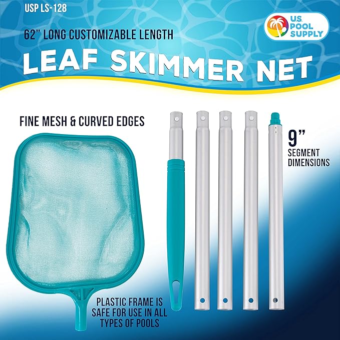 U.S. Pool Supply Swimming Pool 5 Foot Total Length Leaf Skimmer Net with 5-9" Connecting Aluminum Pole Sections - Fine Mesh Netting for Fast Cleaning of Debris - Clean Spas & Ponds