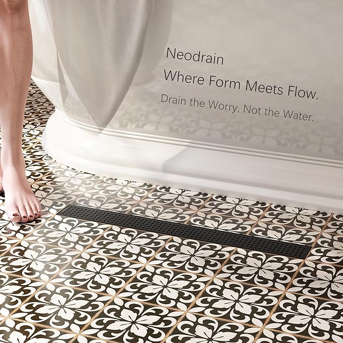 Neodrain 28-Inch Black Linear Shower Drain with Removable Quadrato Pattern Grate,Professional 304 Stainless Steel Rectangle Shower Floor Drain Manufacturer,Leveling Feet,Hair Strainer,Matte Black