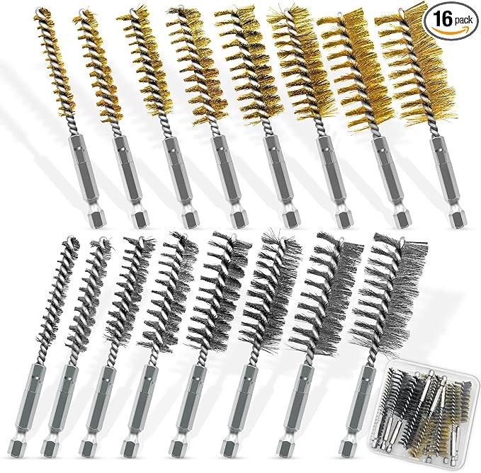 16-Piece Bore Brush Set - 304 Stainless Steel & Brass Drill Wire Bore Cleaning Brushes - 1/4" Hex Shank for Power Drills, Impact Drivers, Grinders (8/10/12/15/17/19/22/25mm)