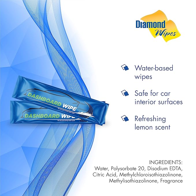 Diamond Wipes Car Wash Wipes with Refreshing Lemon Scent, Pack of 50 Individually Wrapped Wipes, Dashboard Car Accessories Travel Essentials