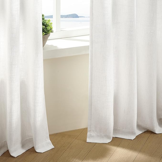 Beige White Linen Curtains 108 Inches Long 2 Panels Set for Living Room Neutral Boho Thick Linen Textured Pinch Pleated Memory Shape Light Filtering Ceiling Semi Sheer Window Curtain Hook Rings Ivory