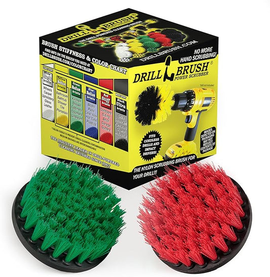 Drill Brush - Indoor/Outdoor Medium and Stiff 4-inch Round - Spin Brush - Combo Kit - Cleaning Supplies - Stove, Oven, Sink - Grout Cleaner - Outdoor Rug - Deck Brush - Algae, Mold, Mildew, and Moss
