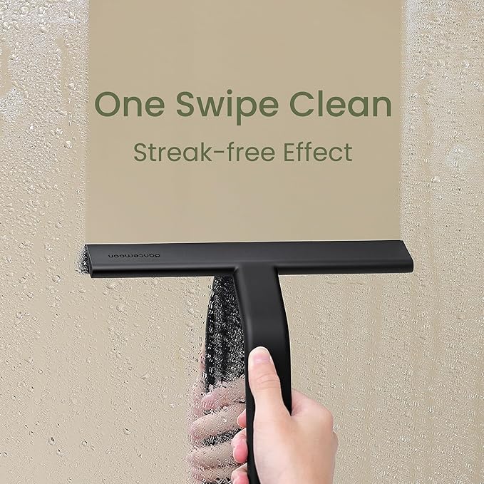 dancemoon JustHang Shower Squeegee for Glass Doors, All-in-One Piece Silicone Squeegee with Built-in Hook for Bathroom, Window, Mirror, Tile Wall, Car, Streak-Free Bathroom Cleaner Tool,10 Inch Black