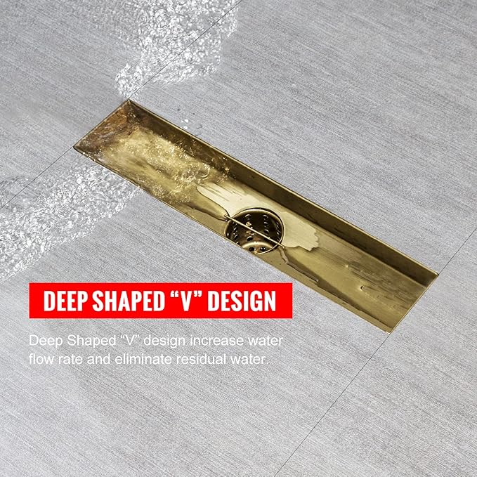 SaniteModar Linear Shower Drain, Gold Shower Drain 12 inch with 2 in 1 Tile Insert Panel, with Hair Strainer and Leveling Feet