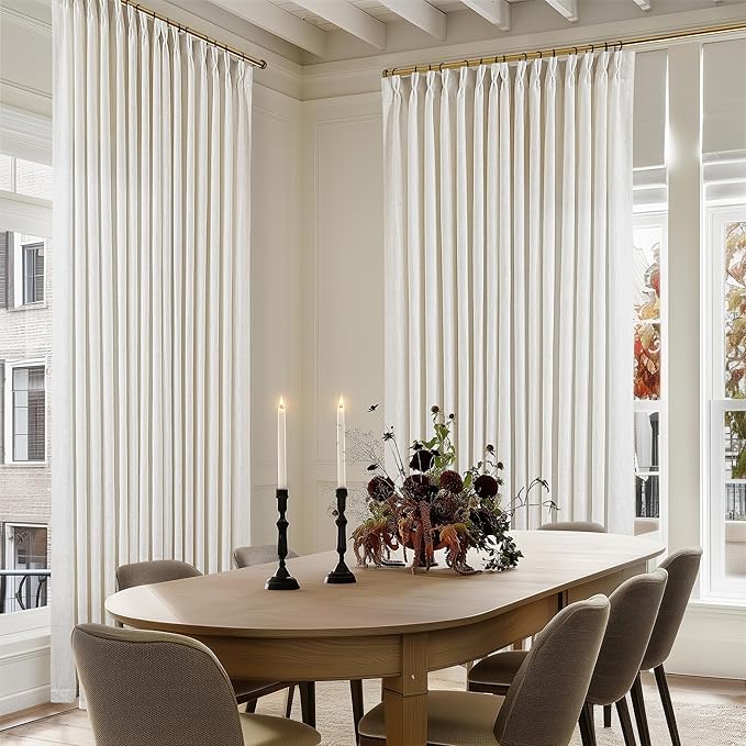 Extra Wide Pinch Pleat Linen Curtains 108 Inches Long for Living Room Sliding Glass Door 100 Inch Wide Semi Sheer Curtain Cream Ivory Pleated Drape Hooks Rings 100x108 Large Window Curtain 1 Panel