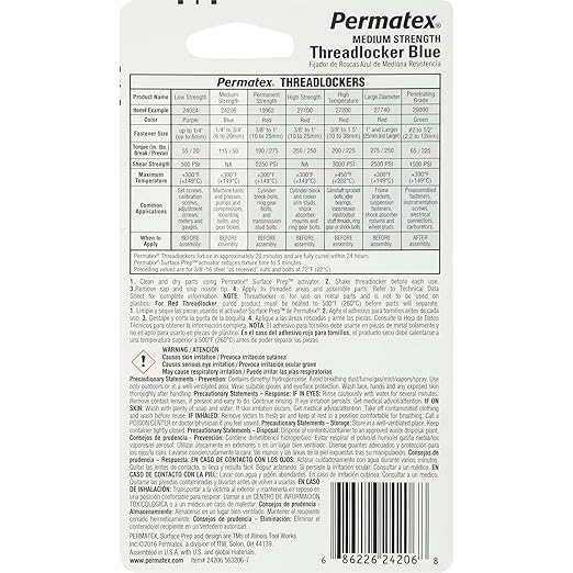 Permatex 24206 Medium Strength Threadlocker Blue, 2.5 ml, Automotive Threadlocker For Preventing Bolts From Loosening And Corrosion, Removable With Hand Tools