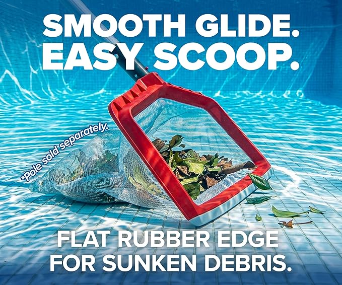 Pool Skimmer Net for Leaves - Leaf Rake for Pool Cleaning // Swimming Pool Leaf Net - Heavy Duty, Large Capacity Pool Rake // Liner Safe Rubber Edge Pool Rake for Pools (Pole Sold Separately)