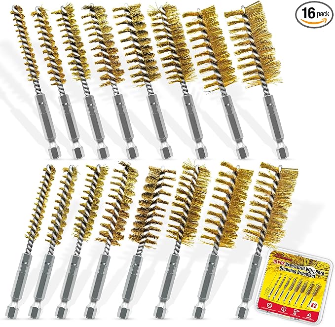 16-Piece Bore Brush Set - Brass Drill Wire Bore Cleaning Brushes - 1/4" Hex Shank for Power Drills, Impact Drivers, Grinders (8/10/12/15/17/19/22/25mm)