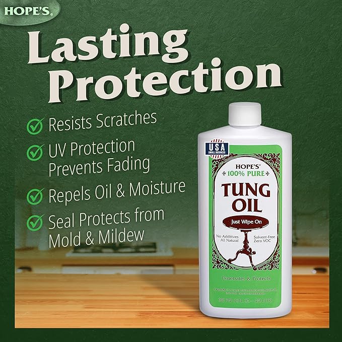 HOPE'S 100% Pure Tung Oil, Food Safe, Premium Waterproof Natural Wood Finish and Sealer for Indoor and Outdoor Projects,16 Fl Oz, 2 Pack