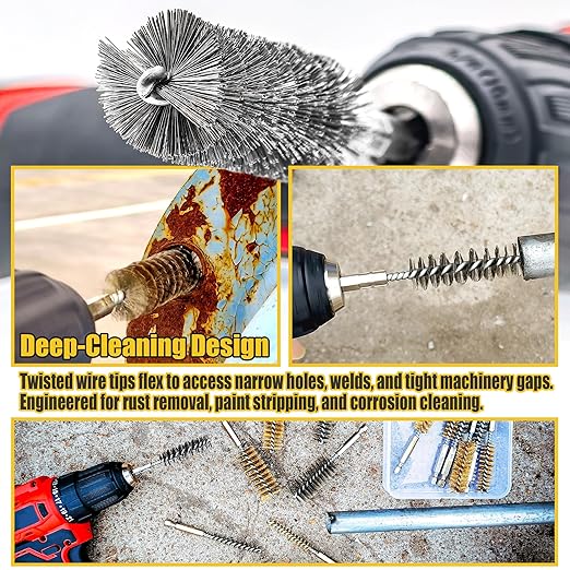 14-Piece Bore Brush Set - 304 Stainless Steel & Brass Drill Wire Bore Cleaning Brushes - 1/4" Hex Shank with Extension Bar for Power Drills, Impact Drivers, Grinders (8/10/12/15/17/19 mm)