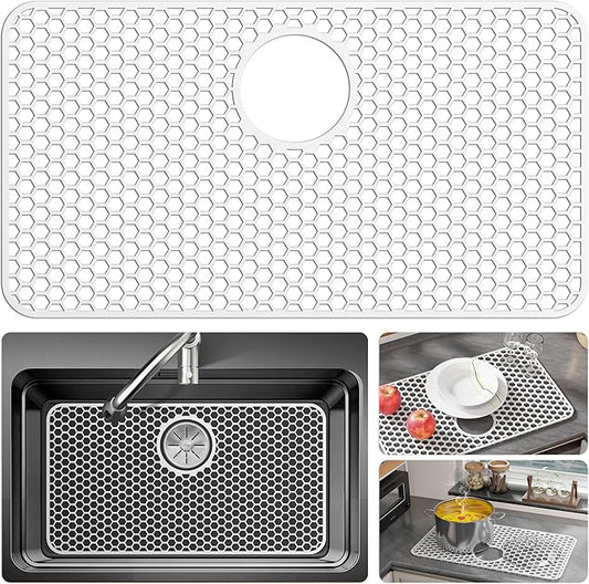 Silicone Sink Protectors for Kitchen Sink - 26"x 14" Kitchen Protector Accessory, Non-Slip Heat Resistan Mat for Bottom of Farmhouse Stainless Steel Porcelain (Rear Drain Hole,White)