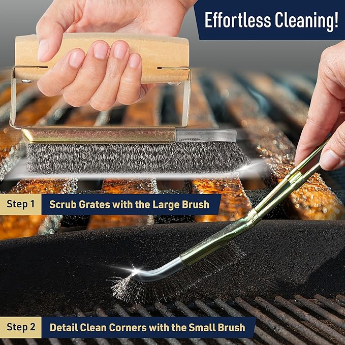 BBQ Grill Brush Set - Large and Small Detailing Grill Cleaner with Stainless Steel Wire Brush BBQ Scrubber Bristles and Ergonomic Handles - Grilling Accessories for Dad by Kings County Tools