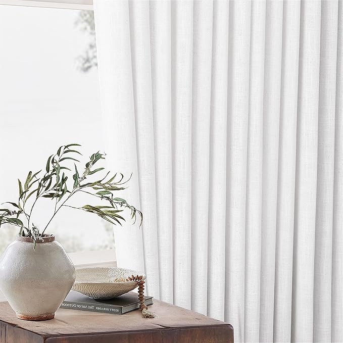 Pleated Linen Curtains 120 Inches Long 60 Inch Width Extra Wide for Living Room Bedroom White Semi Sheer 120 Inch Length Back Tab Hooks Rings Pinch Pleat Curtains for Patio Glass Door 1 Panel