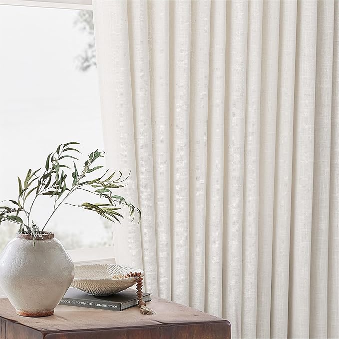 Pinch Pleated Linen Curtains 108 Inches Long for Living Room 2 Panels Set Cream Ivory Flax Double Pleated Drapes Back Tab Neutral Boho Ceiling Floor 108 Inch Window Curtains Bedroom Natural Birch