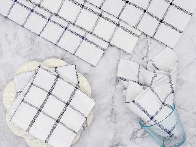 Cotton Terry Kitchen Dish Cloths, Soft Absorbent Tidy Kitchen Dish Towels (Black Plaid, 12 Inch x 12 Inch)