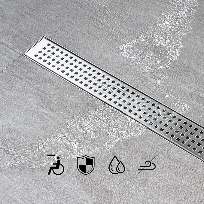 SaniteModar Shower Drain, 16 inch Linear Shower Drain with Removable Square Hole Panel, AISI 304 Stainless Steel Brushed Shower Floor Linear Drain with Adjustable Feet and Hair Strainer