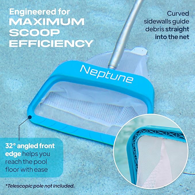 The Skimmie Neptune Net & Swim-N-Scoop Fine Mesh Pool Skimmer Nets Deep-Bag Leaf Rakes for Pools, Spas, Fountains & Cold Plunges Handheld Skimmers for Surface and Floor Cleaning. *Pole NOT Included