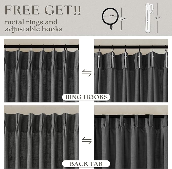 Charcoal Grey Pinch Pleated Linen Curtains 90 Inches Long for Living Room Bedroom 2 Panels Light Filtering Pinch Pleat Hooks Rings Back Tab Dark Grey Modern Farmhouse 90 Inch Window Curtain Drapes