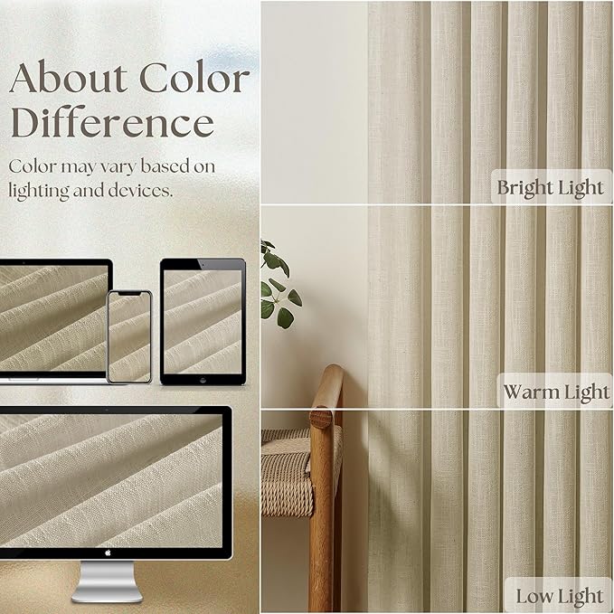 Beige Linen Pinch Pleated 120 Inch Curtains 2 Panels for Living Room Bedroom Memory Training Shape Semi Sheer Neutral Flax Pinch Pleat Drapes with Hooks Rings Light Filtering Window Curtain 40x120