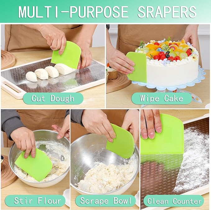 4 Pcs Bench Scraper,Dough Scraper,Versatile Kitchen Scraper Set for Pastry Bread Pizza Cake