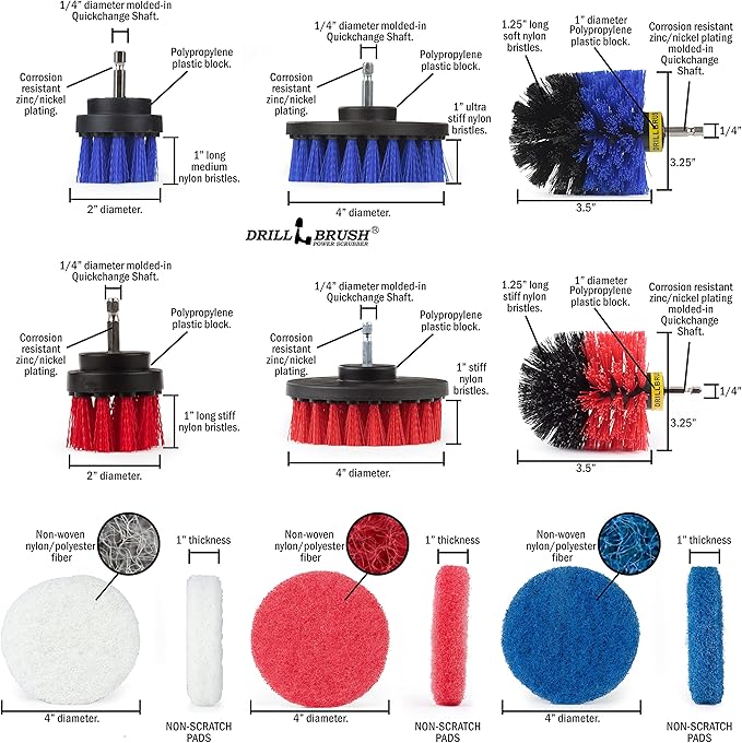 14 Piece Drillbrush Bundle - Stiff and Medium Stiffness Brushes - Pool Cleaning - Deck Scrub Brush - Drill Attachment Brush - Drillbrush Pads
