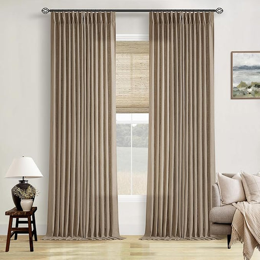 Light Brown 90 Inch Linen Curtains Pinch Pleated for Living Room Bedroom Dining Boho Light Filtering Pinch Pleat Drapes Hooks Rings Back Tab Semi Sheer Tan Latte Coffee Color Window Curtains 2 Panels