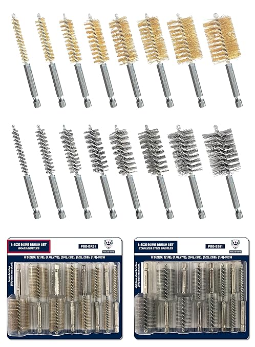 16-PC Bore Brush Set [8-Size X 2 Sets] Stainless-Steel and Brass Wire Brushes for Power Drill, Metal Brush, Cleaning Tool, 1(1/8), 1.0, 7/8, 3/4, 5/8, 1/2, 3/8, 1/4-inch Diameter, w/ 1/4-in Hex Shank