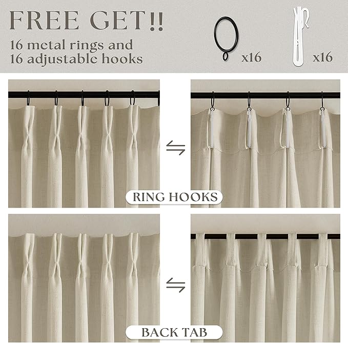 Beige Linen Curtains 96 Inches Long Pinch Pleated 2 Panels for Living Room Bedroom Memory Trained Semi Sheer Neutral Flax Pinch Pleat Drapes with Hooks Rings Light Filtering Window Curtain 40x96