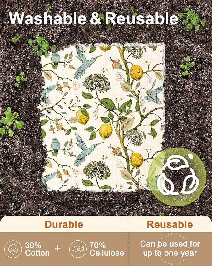 Miss Adola Kitchen Swedish Dishcloths with Hooks - 6 Pack Reusable Dish Cloths for Washing Dishes Fast Drying Cute Fun Swedish Dish Towels Washable Cleaning Sponge, Trees Fruits