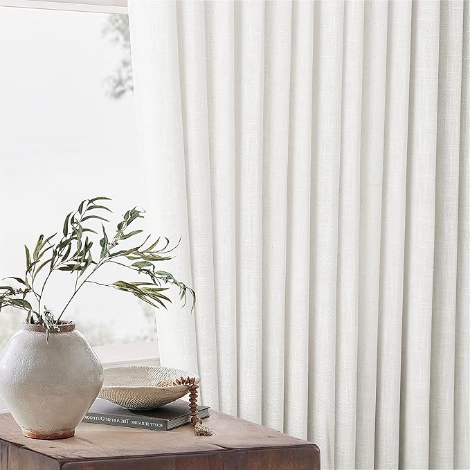 Beige White Pinch Pleated Linen Curtains 2 Panels 105 Inches Long for Living Room Bedroom Memory Shaped Semi Sheer Pleat Drapes with Hooks Rings Light Filtering Window Curtain 40x105