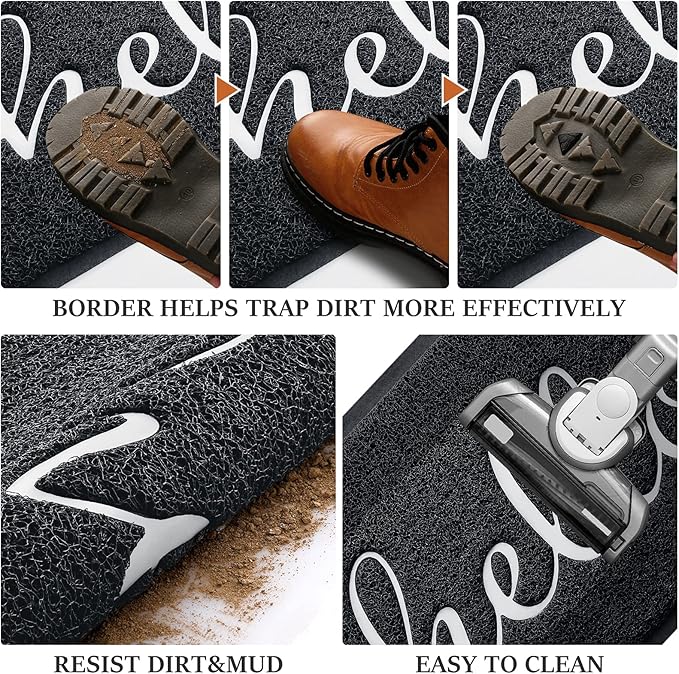 Door Mat, Welcome Mat Low Profile Floor Mat Front Doormat Indoor and Outdoor Doormat Non Slip Rugs for Entryway, Patio, High Traffic Areas (32"x20", Black-Welcome)