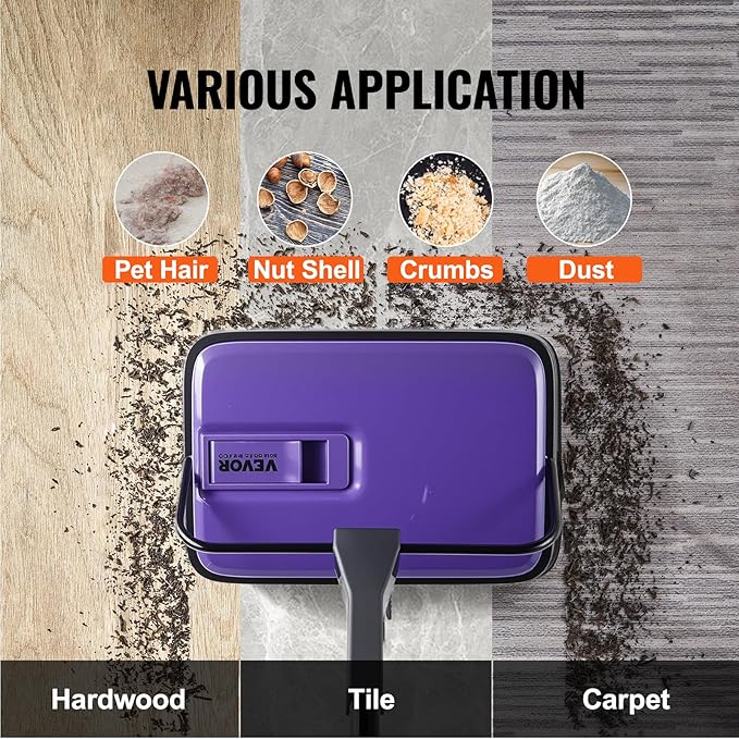 VEVOR Carpet Sweeper Manual, Floor Sweeper with 300 ml Dustbin Capacity Easy to Empty, 6.7 inch Cleaning Width for Home Office Carpets Pet Hair Dust, Purple