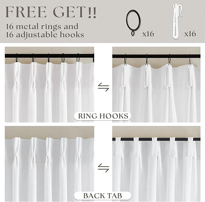 Extra Long Snow White Pinch Pleated 132 Inch Linen Curtains 2 Panels for Living Room Bedroom Memory Training Shaped Semi Sheer Pleat Drapes with Hooks Rings Light Filtering Window Curtain 40x132